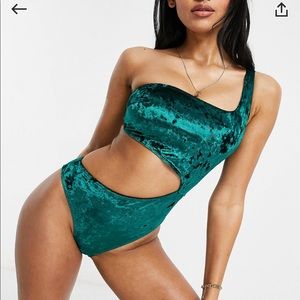 Wolf & Whistle Fuller Bust ASOS Exclusive velvet asymmetric one piece swimsuit